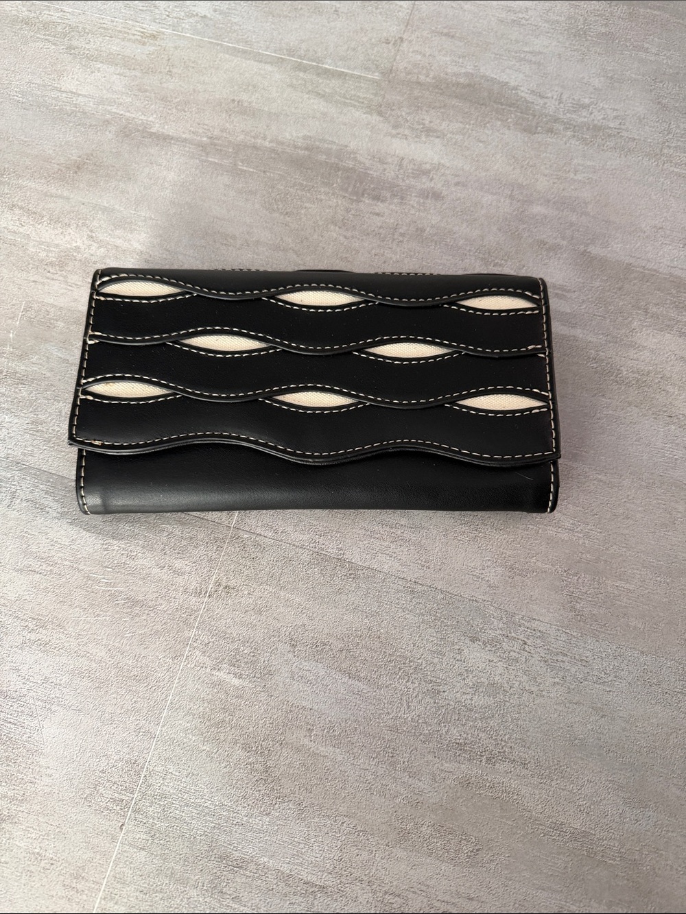 Black Wave-Detail Foldover Wallet with canvas Accents